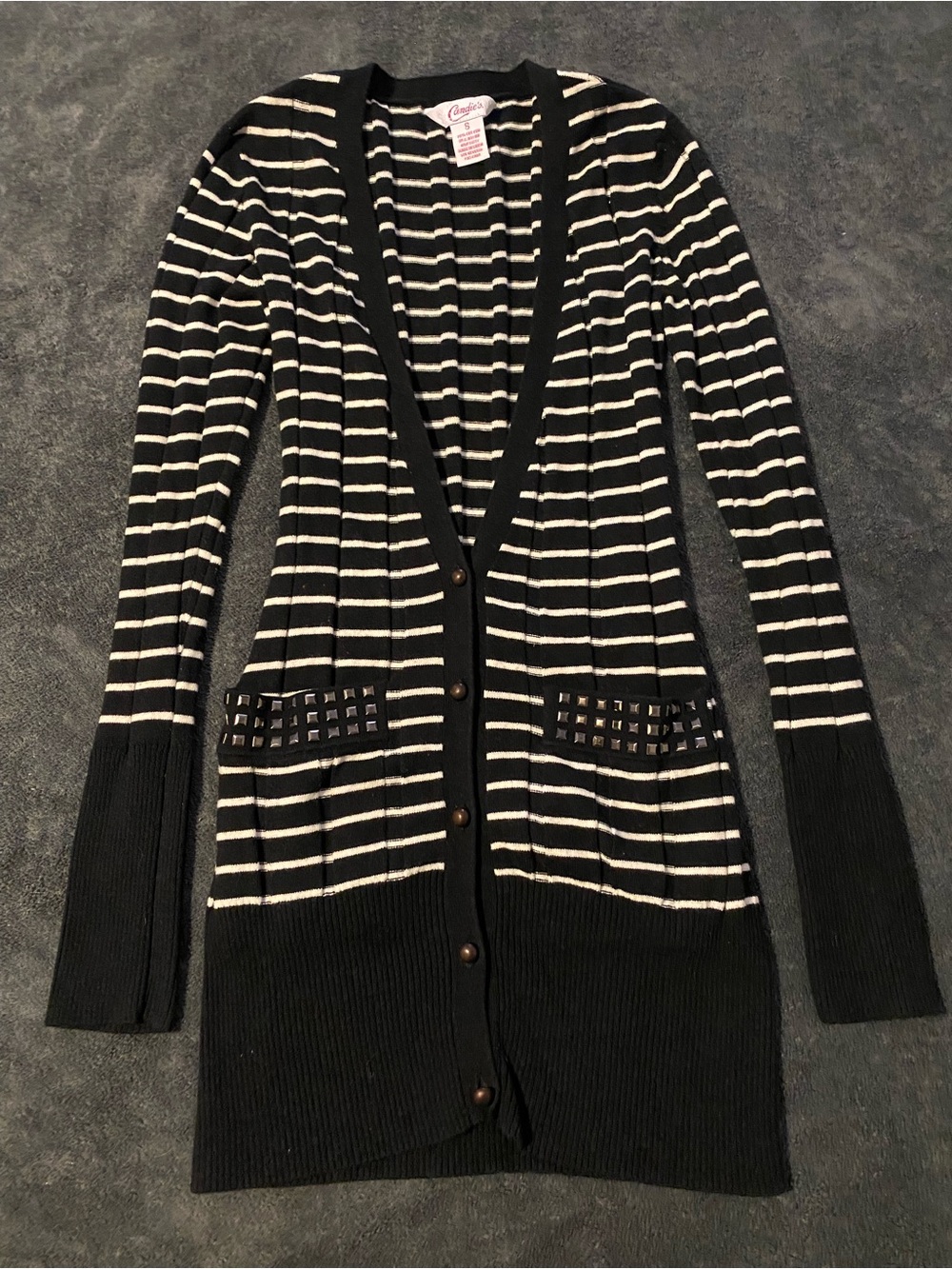 Candie's Black and White Striped Long Cardigan with Stud Pockets